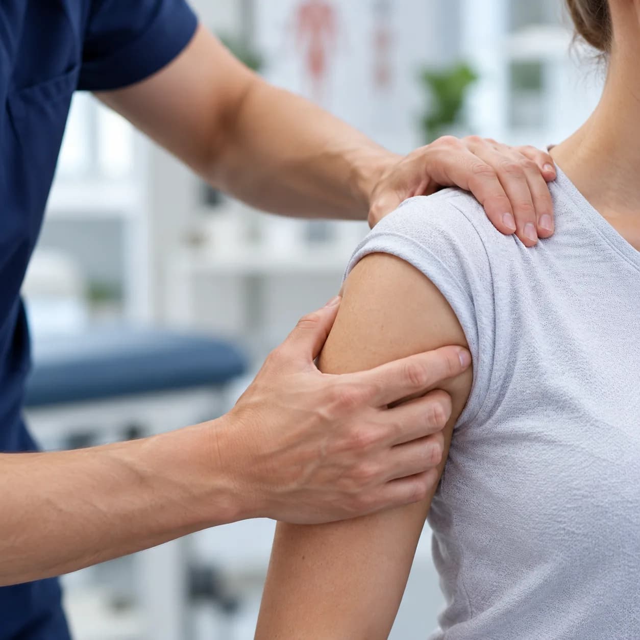 Therapist assessing a patient's shoulder
